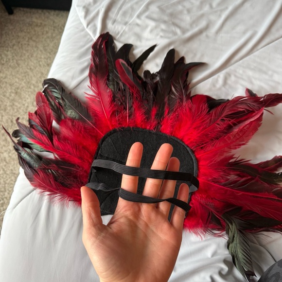 Red Feathered Costume Set Head Piece Sequins and Feathered Skirt Wrap Tie - Picture 7 of 9